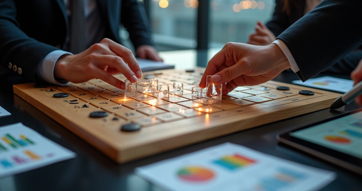 Tabuleiro estratégico de negócios com peças representando KPIs de partnership 