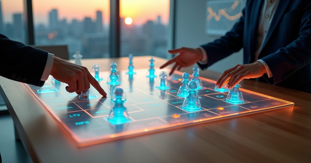 Tabuleiro estratégico com peças de vendas B2B conectadas a gráficos de KPIs digitais 