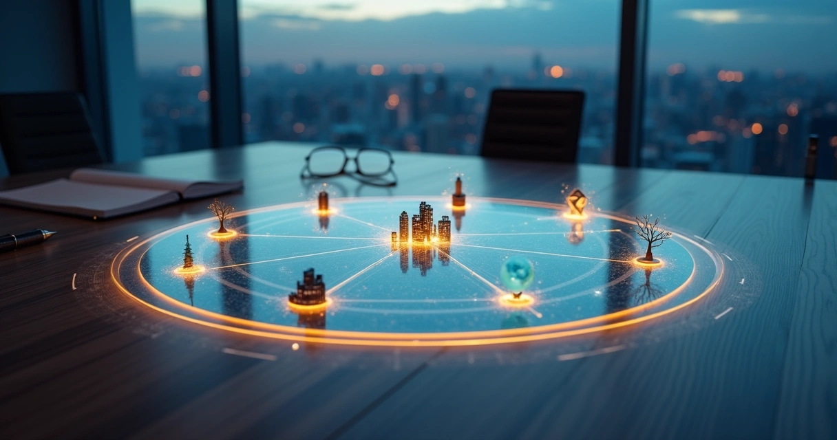 Tabuleiro circular iluminado com peças representando decisões estratégicas conectadas por linhas de luz 