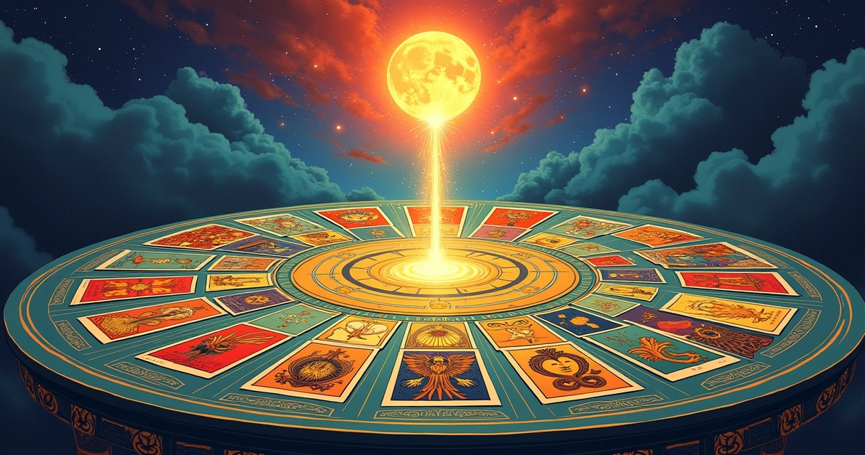 Ilustração de um tabuleiro de tarot com cartas dispostas, destacando a carta do Louco no centro, em um ambiente místico.