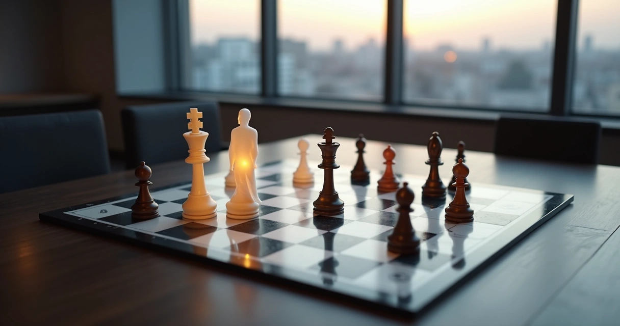 Tabuleiro de xadrez com três sombras humanas analisando movimento estratégico 