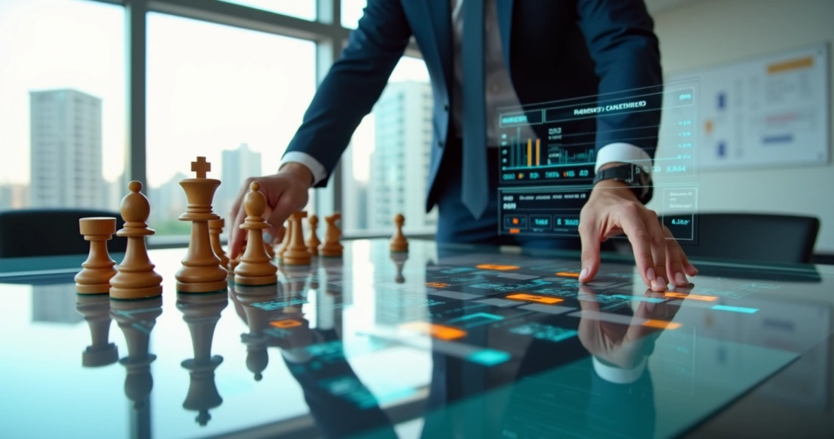 Executive adjusting chess pieces on a board mixed with digital sales flows