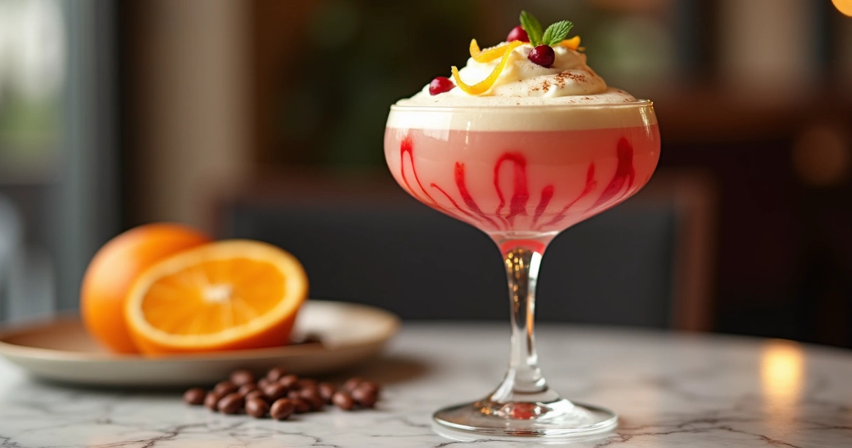 Taça com café cremoso e calda de cranberry nas laterais 