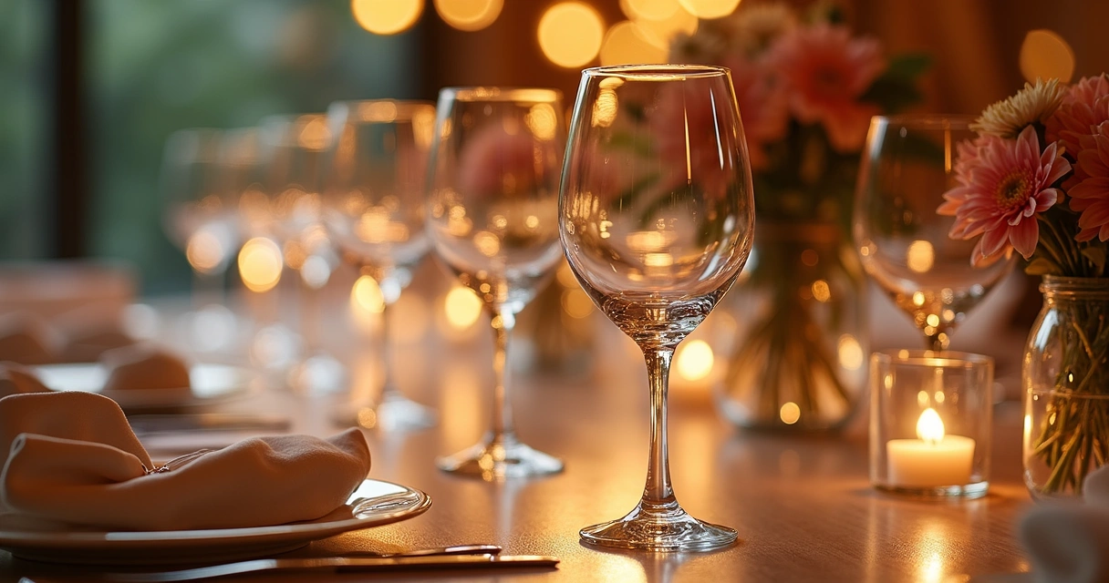 Taças de cristal organizadas em mesa de jantar 