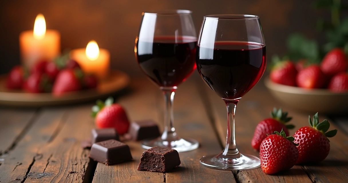 Taças de vinho com pedaços de chocolate sobre mesa de madeira.