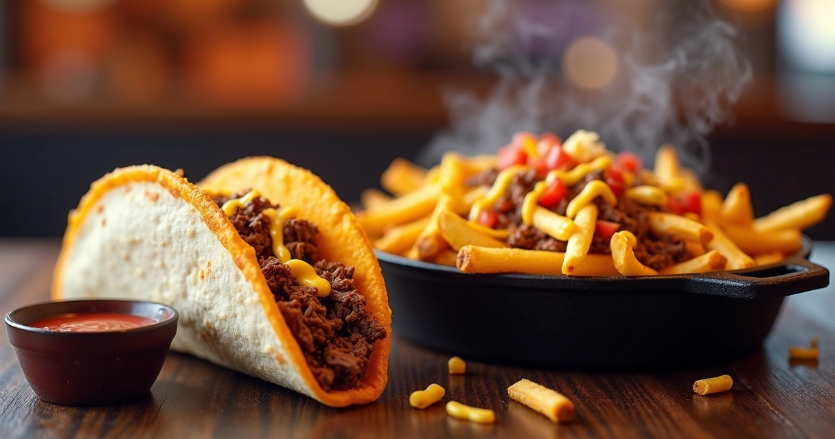 Taco Shredded Beef e Nacho Fries em mesa rústica com molhos para mergulhar 