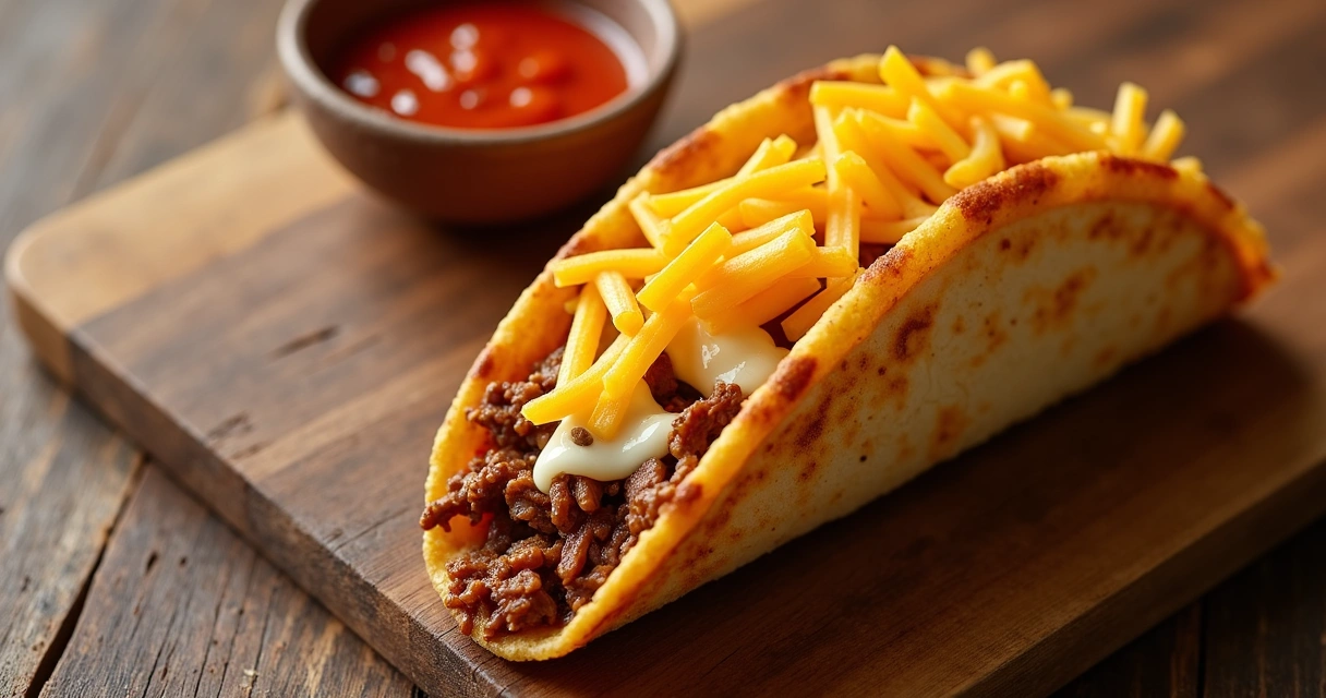 Taco com carne desfiada, queijo derretido e molho à parte 