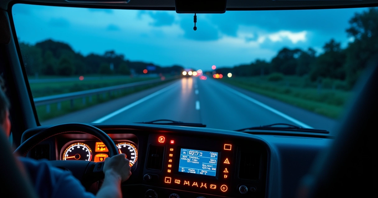 Painel de caminhão com tacógrafo em foco rodando à noite na rodovia 