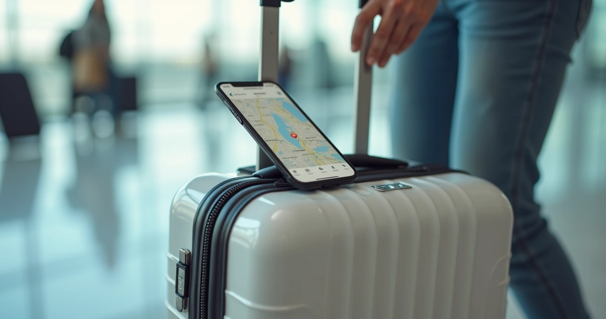 Tag inteligente do tipo AirTag anexada a uma mala de viagem clara