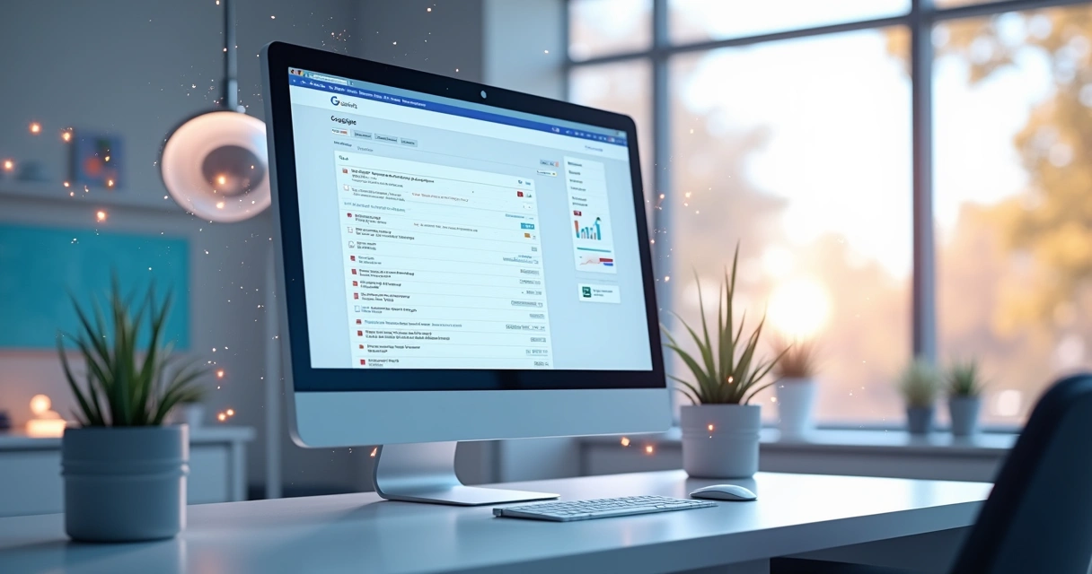 Painel digital mostrando gráficos de desempenho de campanhas, tela de computador com painel Tag Manager, e elementos visuais de clínica moderna. 