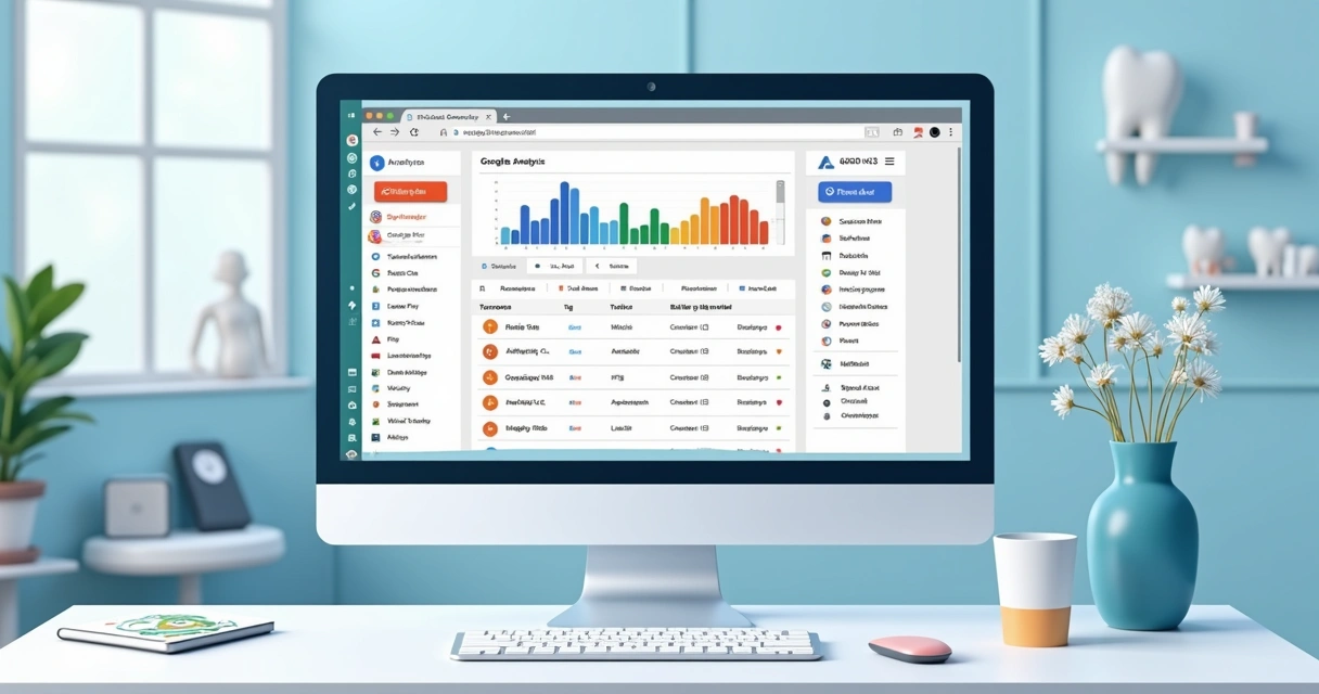 Painel do Google Tag Manager integrado com Google Analytics e Ads, com gráficos e tags visíveis. 