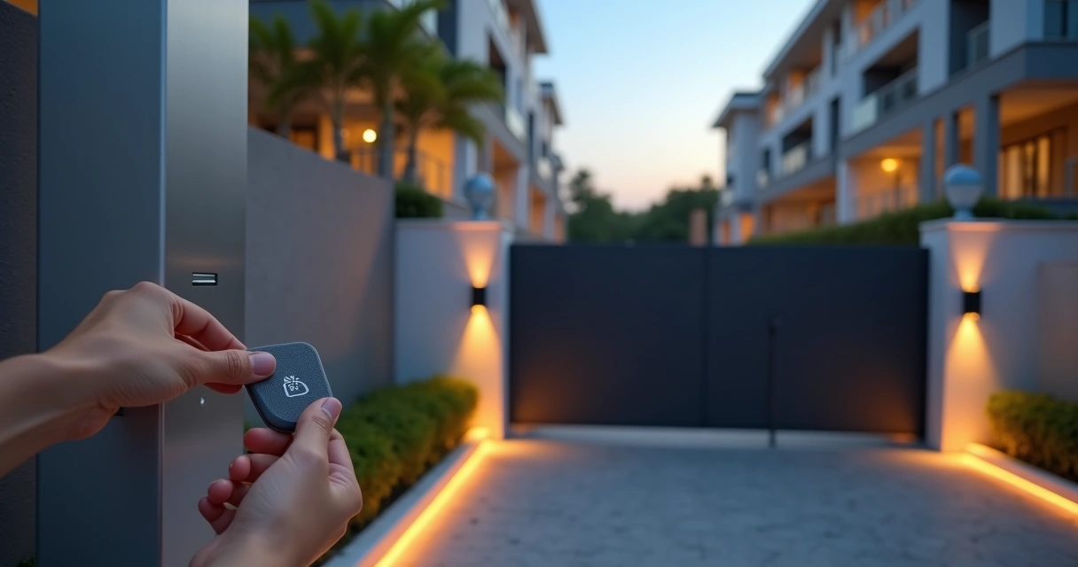 Tag de proximidade Nice sendo usada para abrir portão de condomínio residencial moderno 