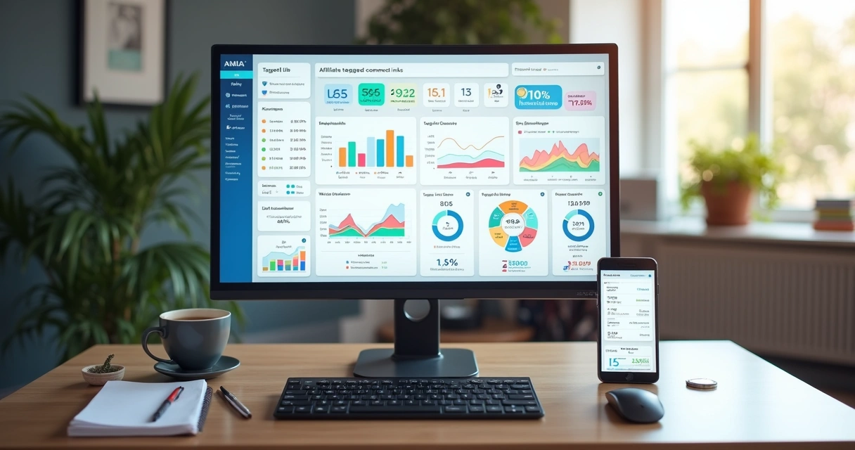 Computer screen showing detailed dashboard with tagged links, affiliate data, and ecommerce charts 