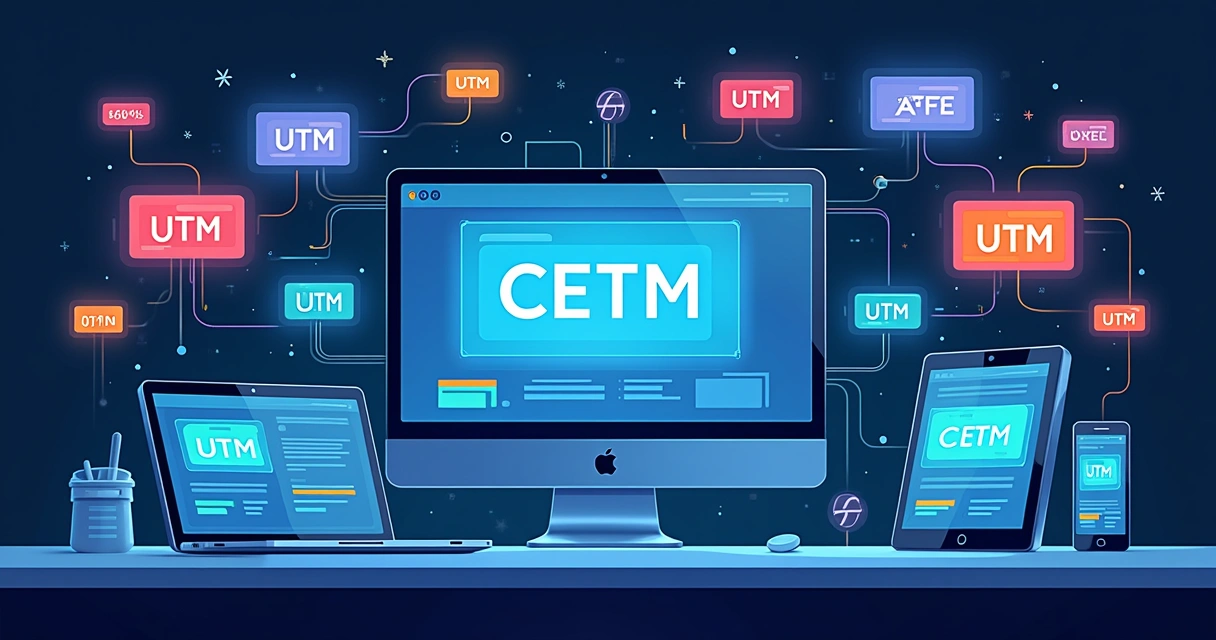 Etiquetas de campanha espalhadas em telas com gráficos digitais e códigos de rastreamento