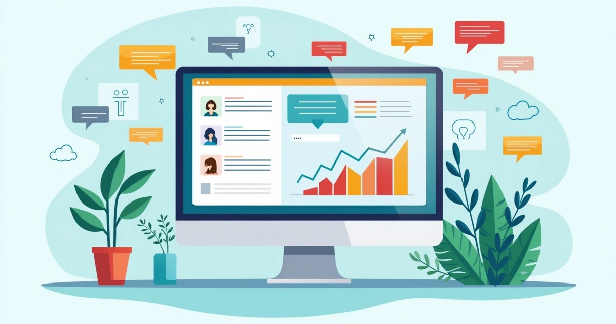 Ilustração flat corporativa mostrando sistema digital com tags coloridas automáticas organizando feedbacks em gráficos e painéis 