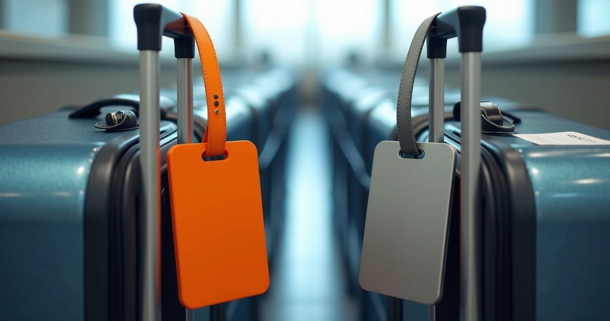 Duas tags de bagagem, uma de silicone e uma de metal, presas em alças de malas lado a lado