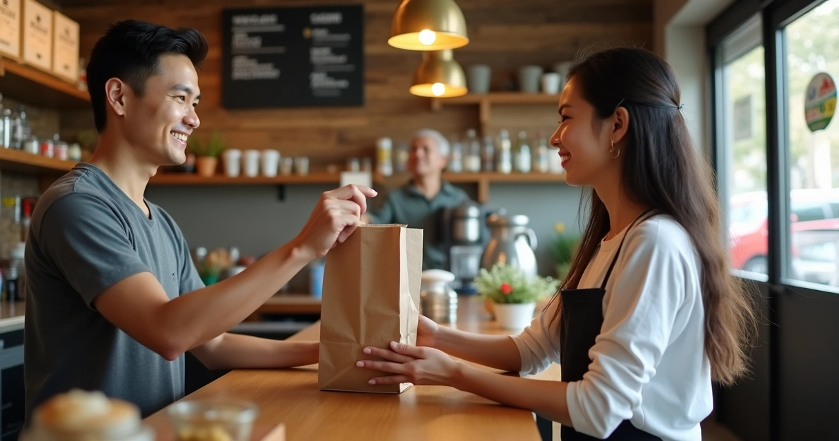 Cliente retirando comida em balcão para viagem 