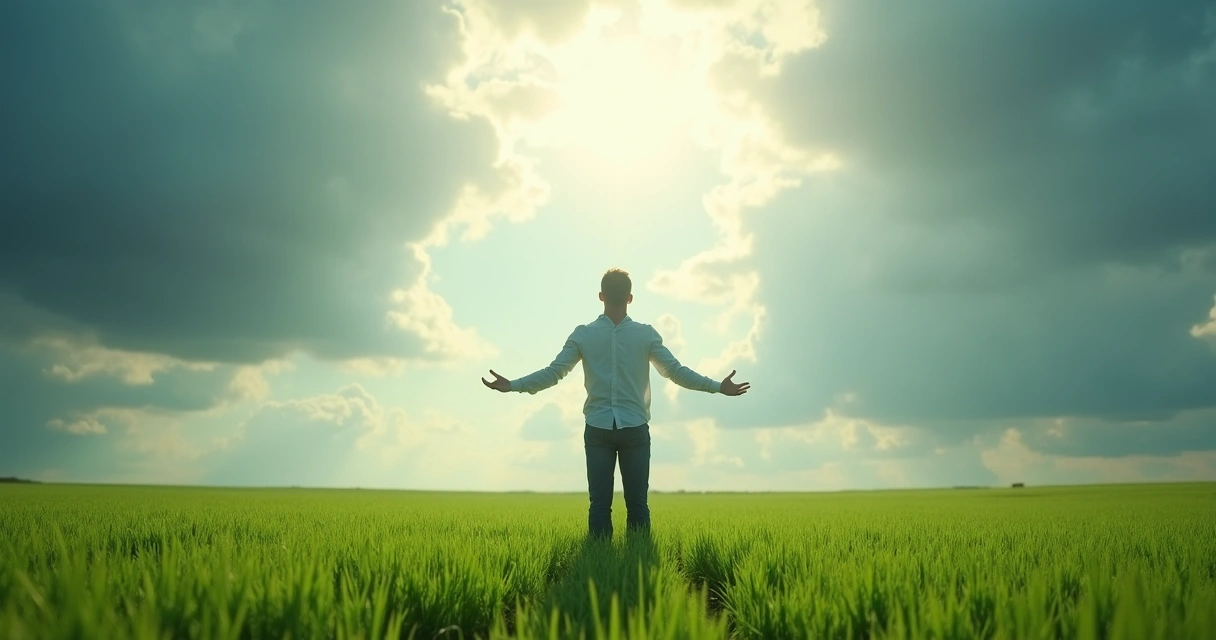 Person standing with open hands in a bright, open field, light shining through clouds 