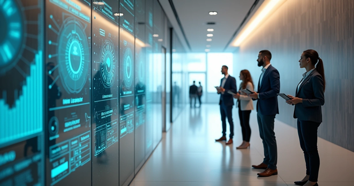 Profissionais em corredor com portas de carreira iluminadas por painéis de IA 