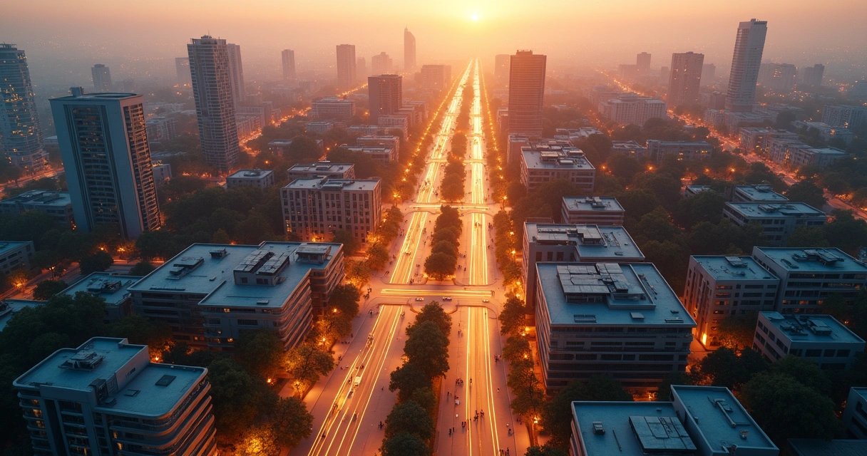 Cidade vista de cima em forma de cérebro com áreas iluminadas 