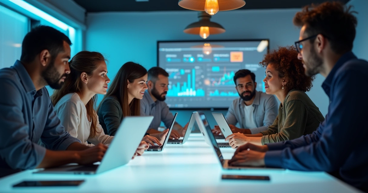 Profissionais de tecnologia trabalhando juntos em uma mesa 