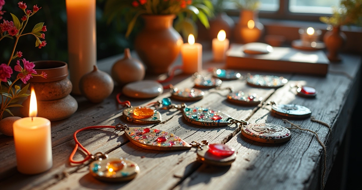 Mesa ritualística com velas, pedras e talismãs coloridos 
