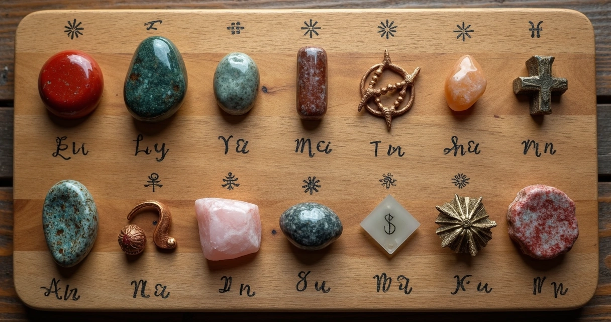 Vários talismãs alinhados representando signos diferentes 