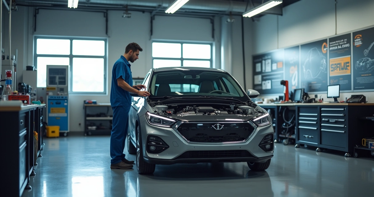 Mecánico revisa auto híbrido en taller certificado 