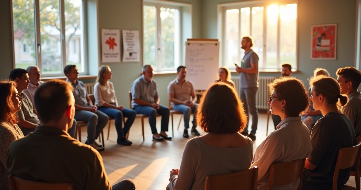 Grupo de personas sentadas en círculo participando en un taller comunitario 