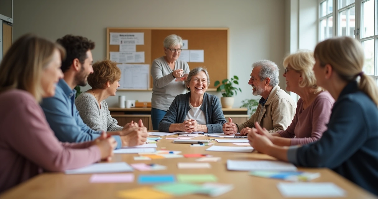 Personas en taller comunitario con tarjetas y sonrisas 