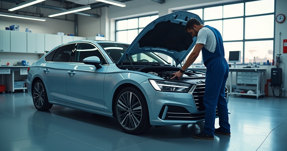 Técnico revisando el motor de un auto en un taller limpio 