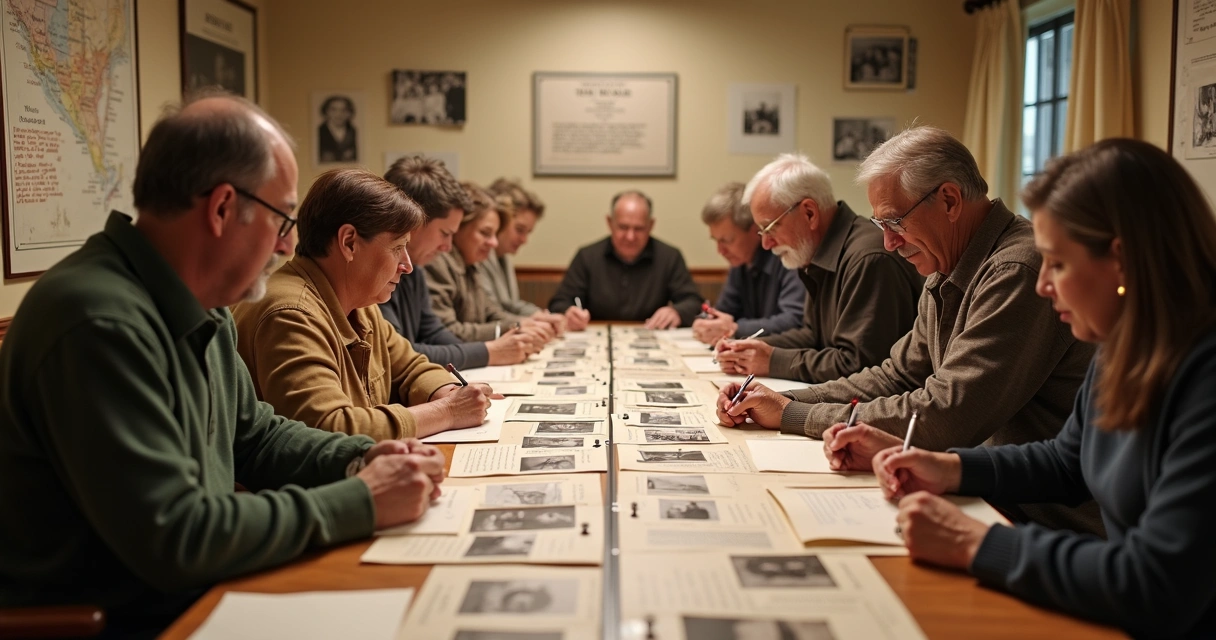 Personas de varias edades participan activamente en un taller de memoria comunitaria alrededor de una gran mesa rectangular. 