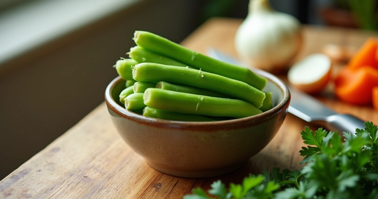 Talos de moringa cortados ao lado de legumes em bancada de madeira