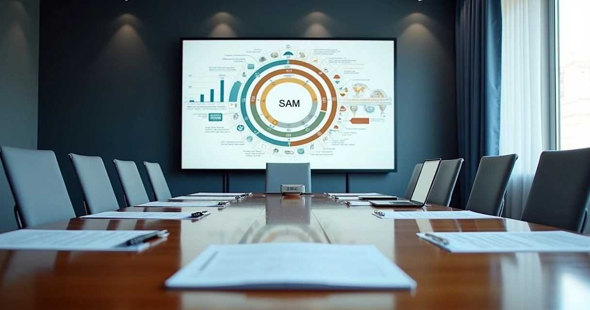 Boardroom screen displaying TAM SAM SOM circles and revenue planning charts
