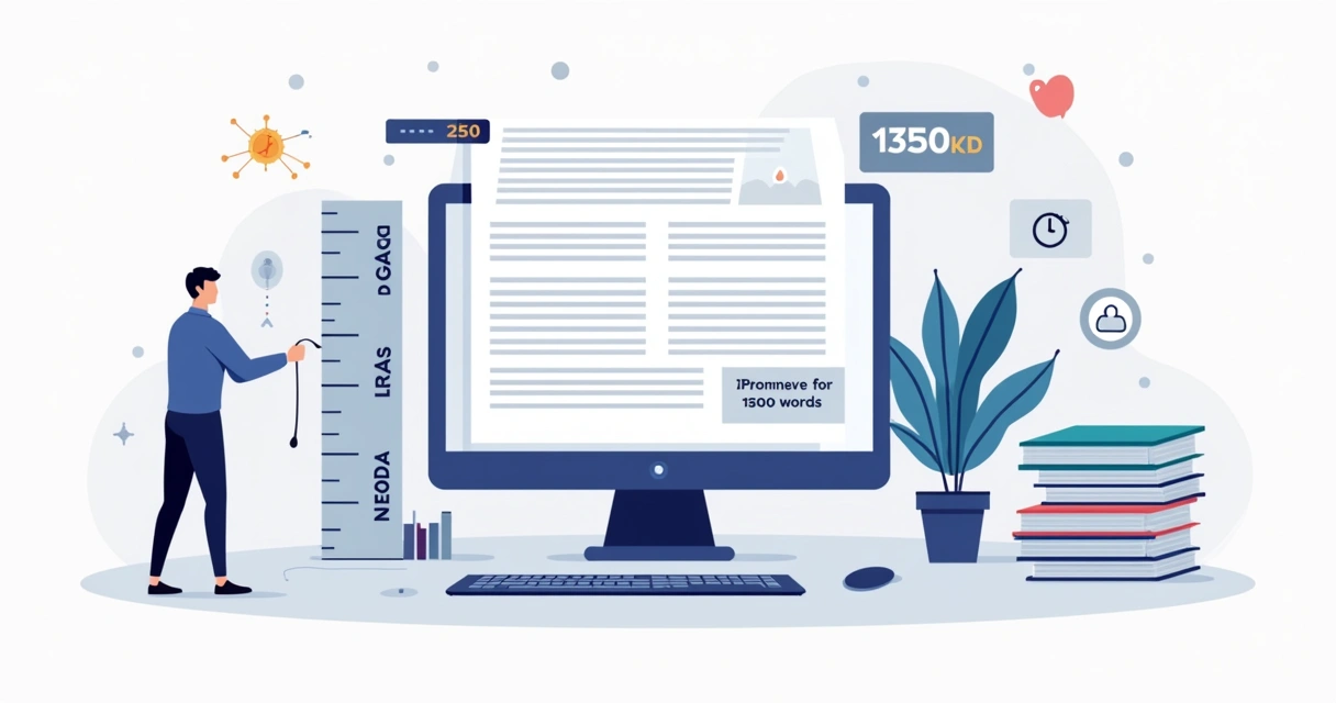 Ilustração de ilustrador digital ajustando o tamanho de um post de blog em tela grande com gráficos e contadores de palavras 