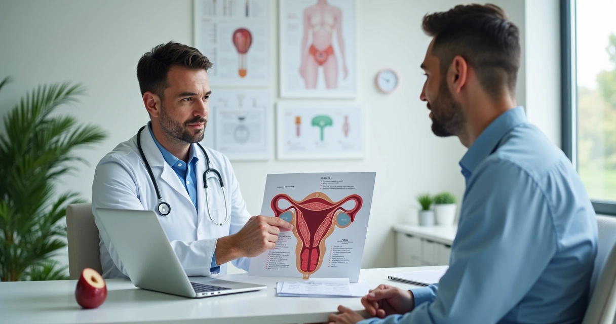 Médico urologista mostrando esquema anatômico dos testículos em consulta masculina 