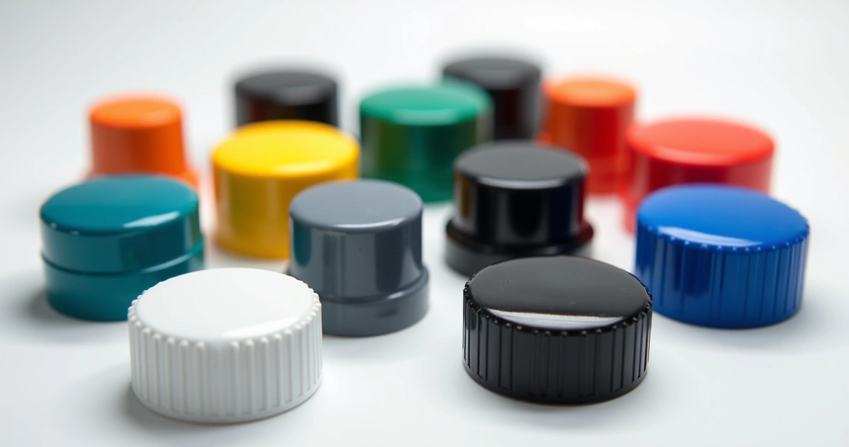 Variedade de tampas plásticas com diferentes cores e formatos 