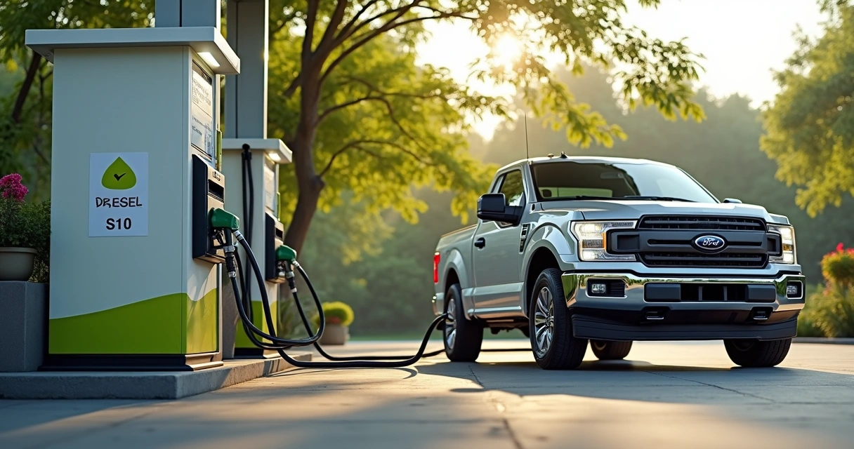 Tanque de caminhonete abastecendo diesel leve em posto ecológico. 
