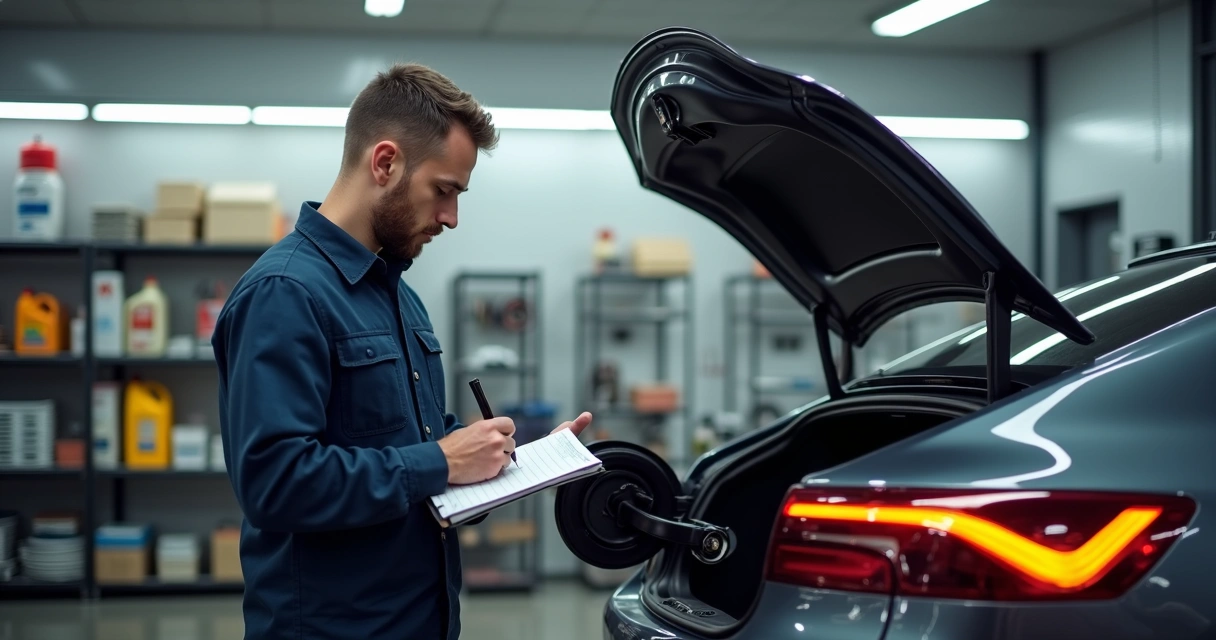 Homem verificando tanque de combustível de carro moderno na oficina