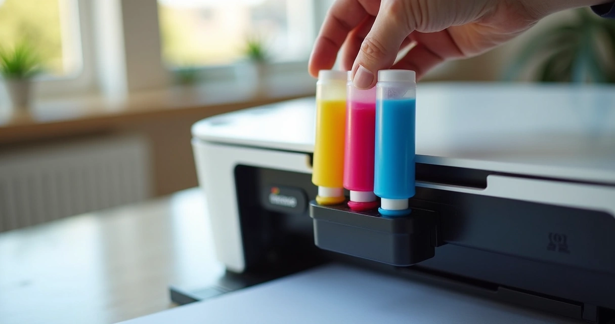 Reservatório aberto de impressora tanque de tinta colorido e mãos recarregando 