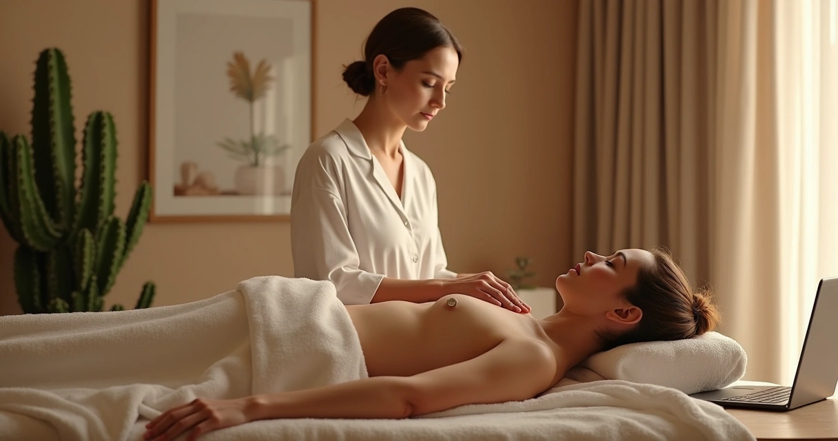 Profissional de tantra em ambiente confortável com luz suave e tecnologia visível 