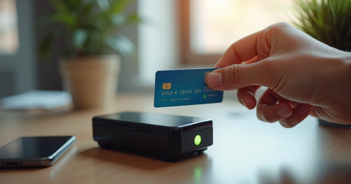 Celular aceitando pagamento via aproximação com cartão e interface digital 