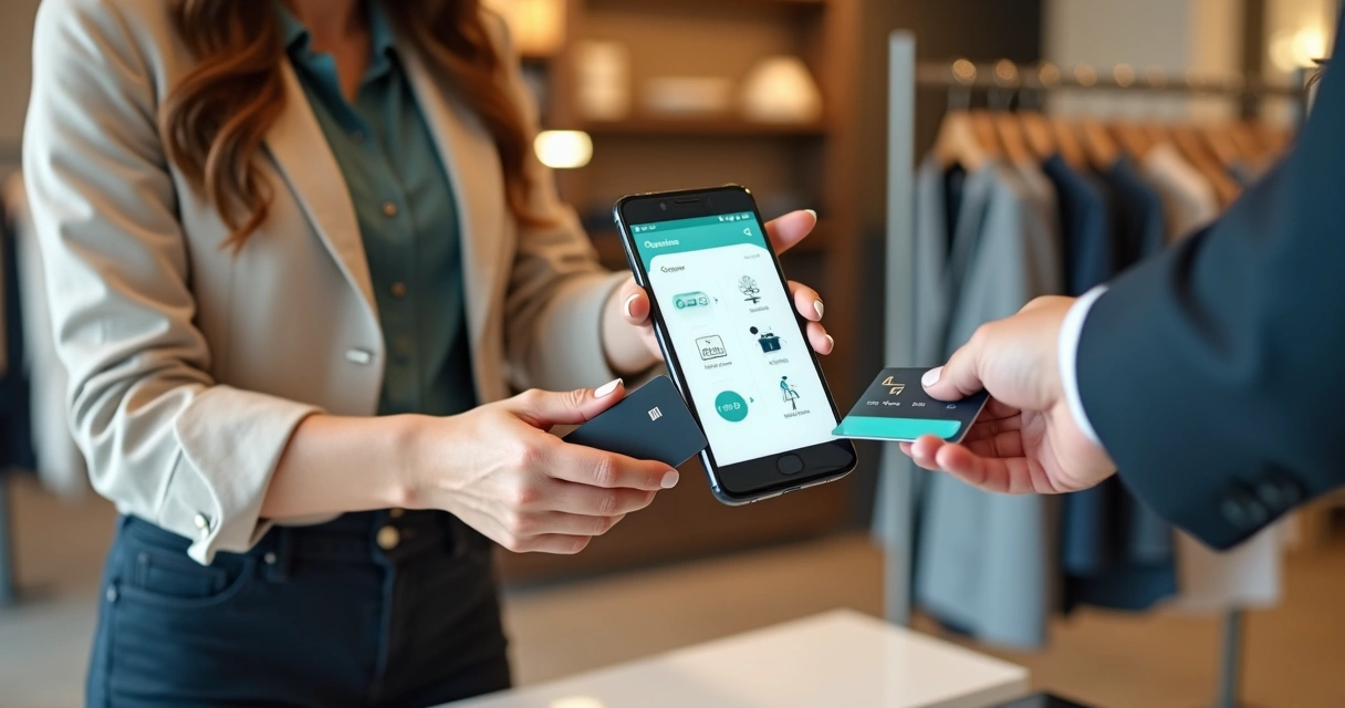 Vendedora usando smartphone como maquininha por aproximação em ponto de venda moderno 