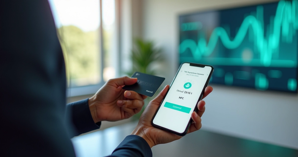 Empresário recebendo pagamento por aproximação em celular com app de tap on phone 