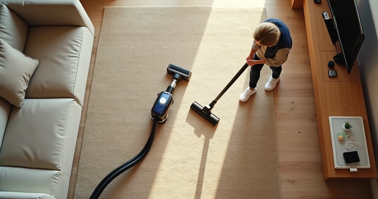 Pessoa aspirando tapete de pelo curto em sala 