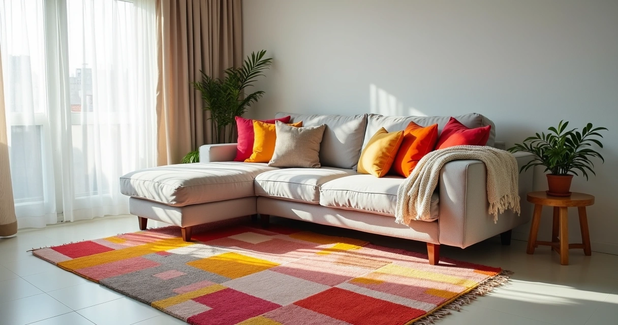 Sala de apartamento alugado com tapete colorido e almofadas 