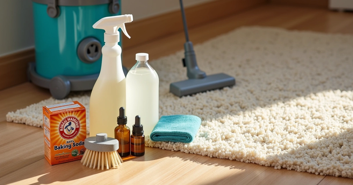 Materiais para limpar tapete como bicarbonato, escova e aspirador