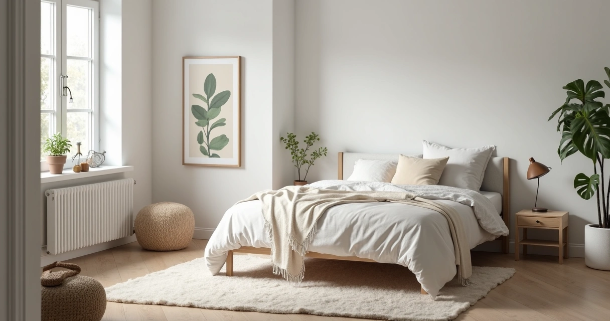 Tapete claro sob cama de casal em quarto pequeno bem iluminado