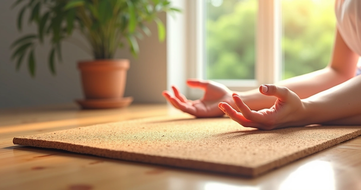 Tapete de yoga de cortiça sobre piso de madeira, com detalhes de textura e mãos apoiadas 