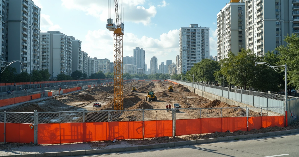 Outorga Onerosa: Tapume de obra delimitando área urbana com construção em andamento